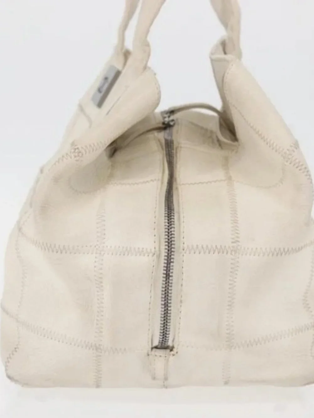 CHANEL Choco Bar Hand Bag Leather White Silver CC Auth 178206